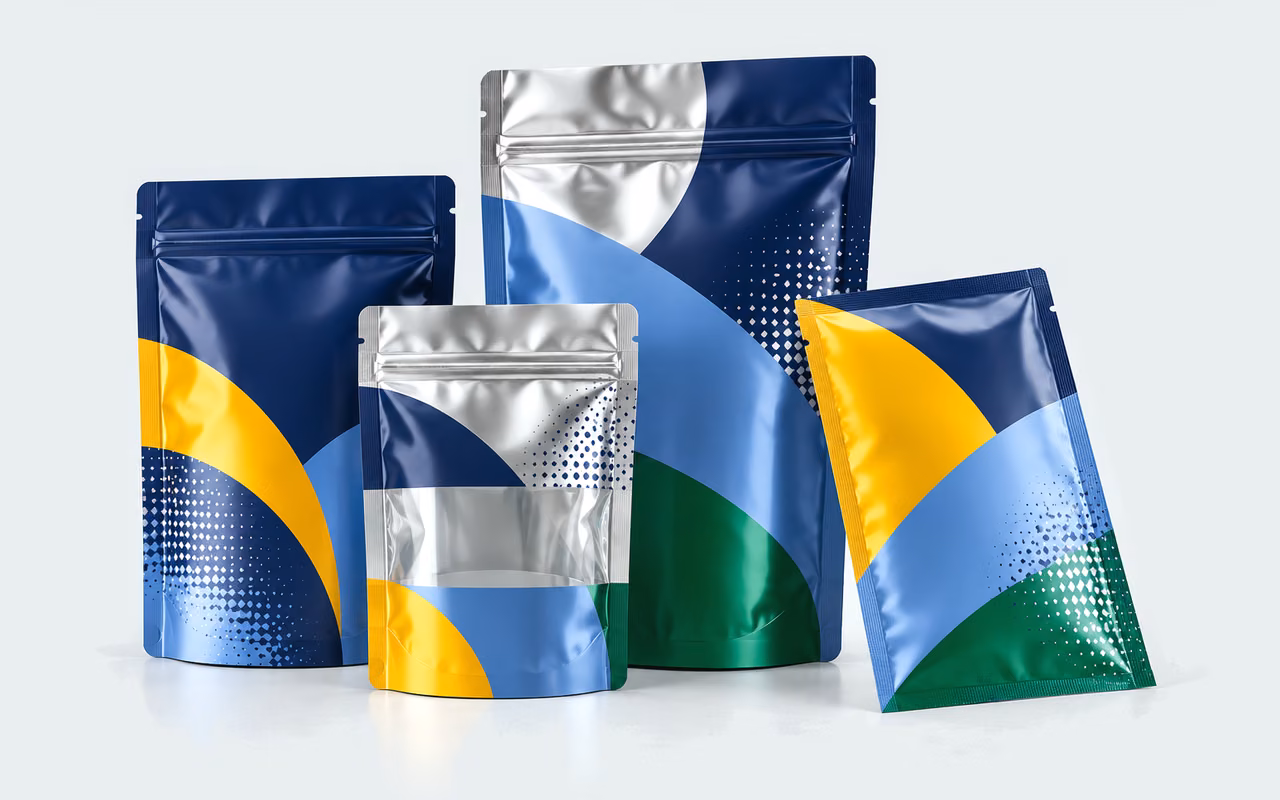 Illustration: stand-up and flat pouches in navy, sky blue, amber and green