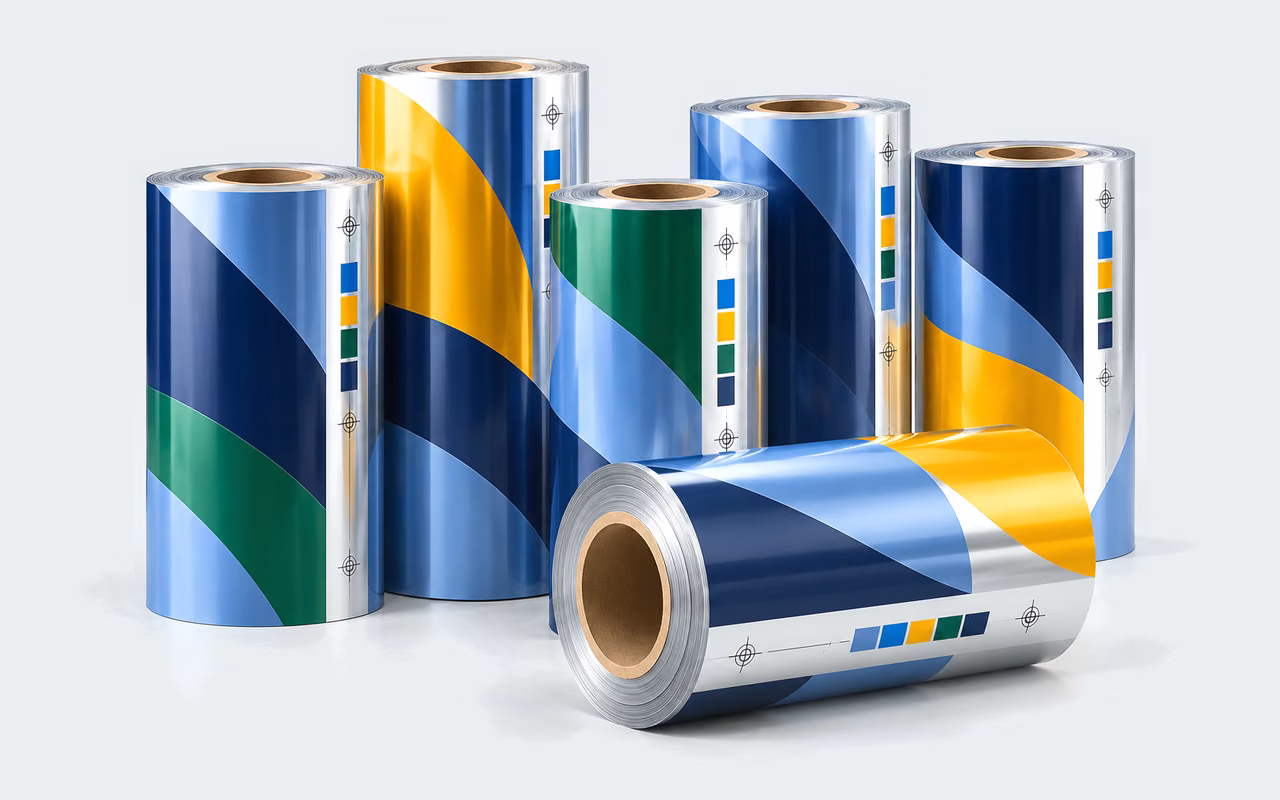 Illustration: printed film rolls in navy, sky blue, amber and green